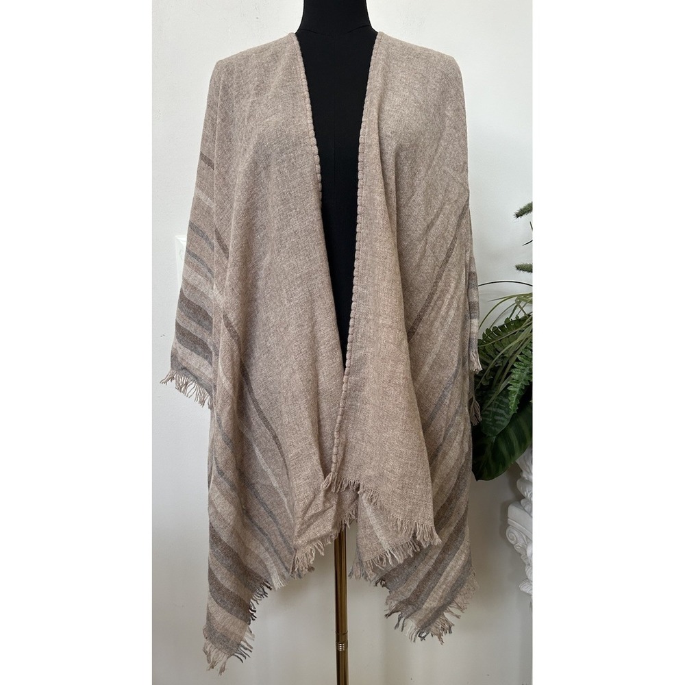 NWT Eileen Fisher Maple Oat Beige Wool Stripe Fringe Poncho O/S One Size $148